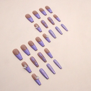 Lavender long ballerina press-on nails with 3D butterfly, floral art, and purple glitter