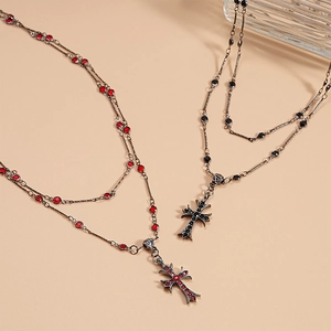 Gothic layered cross pendant necklace with red and black glass rhinestones in retro style