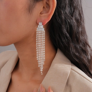 Elegant silver triangle tassel earrings with sparkling zircon crystals for a luxury look