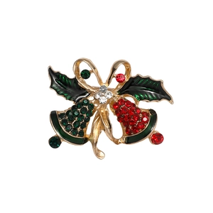 Fashion Christmas bell brooch featuring red and green rhinestones on a gold alloy base