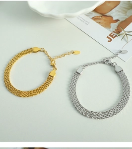 Detail of woven mesh titanium steel bracelet set in gold and silver finish