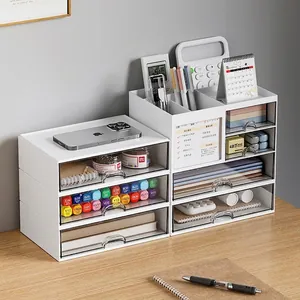 White minimalist desk organizer with drawers and open compartments for stationery