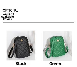 Detailed comparison of black and green quilted crossbody phone bags with gold floral logos