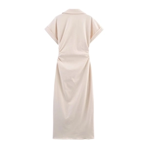 Back view of light beige short sleeve midi dress with lapel collar and waist pleats