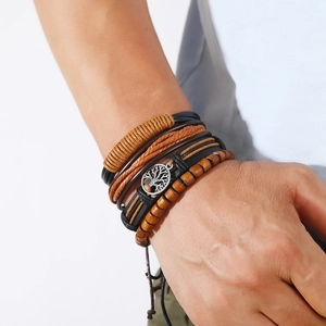 Men's tree of life multilayer leather bracelet with wooden beads in vintage style