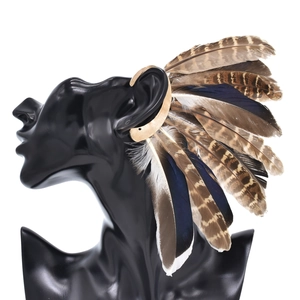 Vintage peacock feather ear wrap cuff with bohemian Indian style dangling feathers