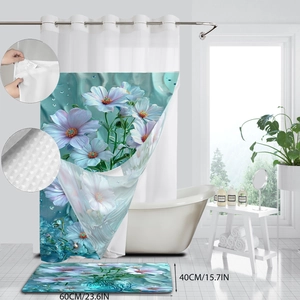 Detail of floral shower curtain and matching bath mat with cosmos print 40x60cm size