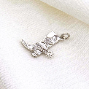 Silver cowboy boot pendant with sparkling rhinestones and star detail for DIY jewelry