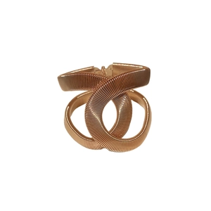 Elegant rose gold metal spring belt with a unique double-loop interlocking buckle