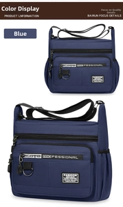 Detail view of water-resistant navy blue nylon crossbody bag with multi-zipper pockets