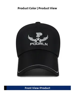 Detail of black breathable mesh baseball cap featuring white embroidery and reflective trim
