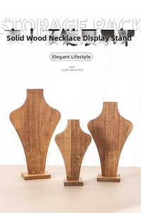 Three-piece solid wood portrait bust necklace display stands with natural wood grain