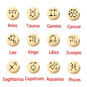 Zodiac Sign Round Beads 304 Stainless Steel Mirror Polished Constellation Charms For Jewelry Making DIY