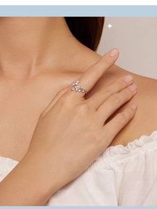 Close-up of elegant 925 silver ring featuring pink flowers and sparkling crystal leaves