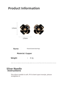 Detailed view of black camellia flower studs with size specs and 925 silver needles
