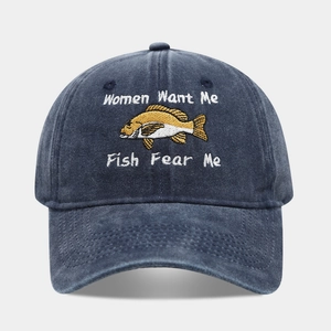 Detail view of Women Want Me Fish Fear Me 3D embroidery on washed cotton baseball cap