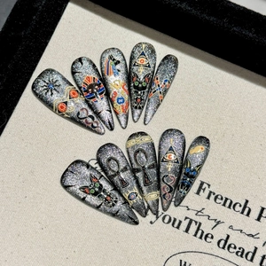Egyptian Pharaoh Anubis Press On Nails Silver Glitter Cat Eye Stiletto Artificial False Nails Mystic Theme Manicure