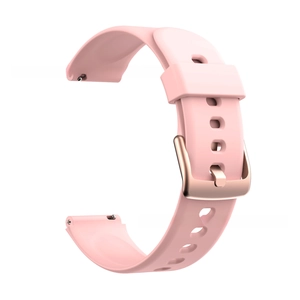 Close-up of 19mm pink silicone strap with rose gold buckle and quick-release pins