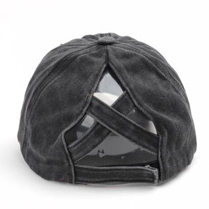 Distressed charcoal gray ponytail baseball cap with criss-cross elastic bands and adjustable strap