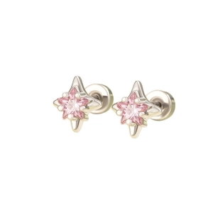 Surgical steel star earrings with pink crystal center and screw back closure