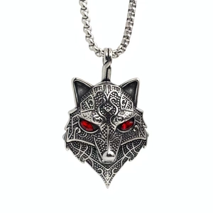 Viking wolf head pendant necklace in silver titanium steel with red gemstone eyes