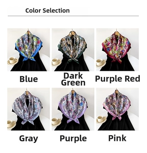 Selection of 90cm satin square scarves in six artistic prints on mannequins