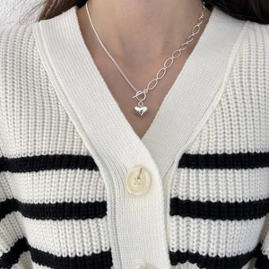 925 Sterling Silver Heart Pendant Necklace Asymmetric Chain Toggle Clasp Minimalist Clavicle Neckwear Fashion Jewelry Women