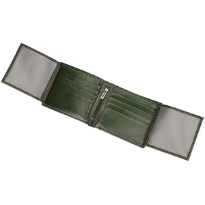 Detail view of open green leather wallet with multiple card slots and internal zipper pocket