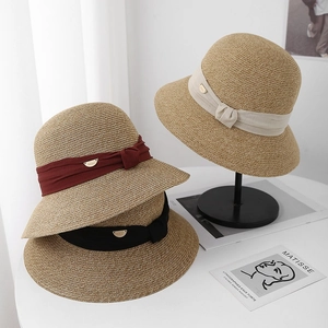 Chapeau De Soleil En Paille Élégant Pour Femmes À Large Bord Respirant Plage Bob Avec Nœud En Ruban Style Français