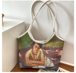 Artistic oil painting canvas tote bag featuring vintage portrait print and large capacity