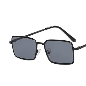 Modern rectangular black square sunglasses with grey lenses and metallic frame details