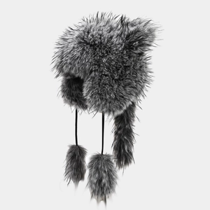 Winter plush faux fur trapper hat with ear flaps and fluffy pompom ties in grey