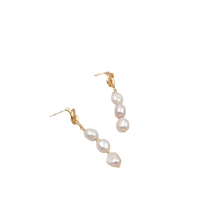 French retro knot earrings with triple natural freshwater pearls and golden metal finish