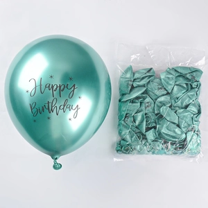 Detail of teal metallic birthday balloons featuring printed black Happy Birthday script