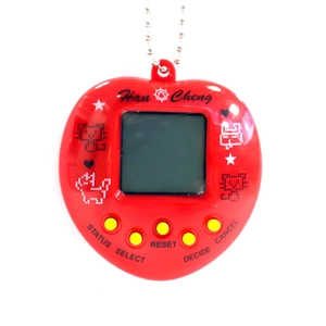 Retro heart-shaped virtual pet handheld game in red with five yellow buttons