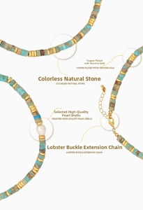 Detail view of jasper beaded necklace with gold-plated copper parts and white shell pearl
