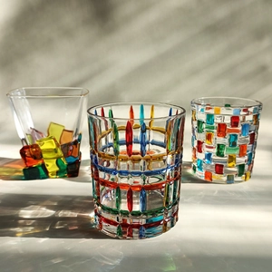 Italian style hand-painted colorful crystal whiskey glasses with woven line patterns