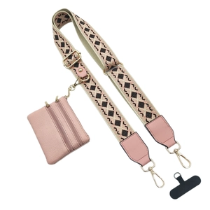 Tracolla per cellulare intrecciata beige con motivi a rombi e pochette rosa fucsia