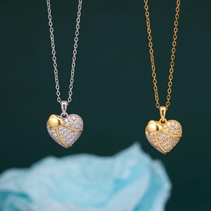 Classic 18K gold and silver plated heart pendant necklace with cubic zirconia micro-pave