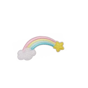 Rainbow embroidery patch with white cloud and gold star motifs on white background