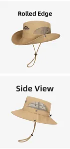 Detail view of khaki sun hat with breathable side mesh and adjustable windproof cord