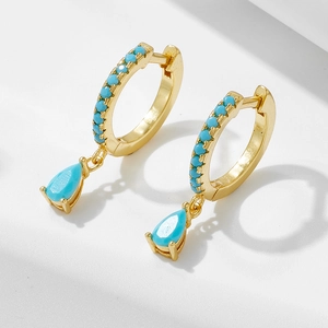 Luxury 925 Sterling Silver Turquoise Water Drop Hoop Earrings For Women Boho Gold Silver Geometric Dangle Earrings Jewelry Gift