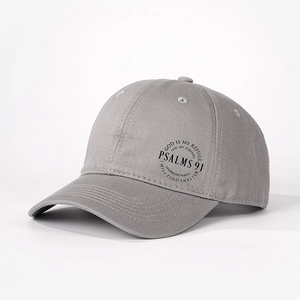 Vintage gray baseball cap featuring Psalm 91 print with adjustable strap and cotton fabric
