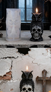 Makro-Detail der DIY Eulen-Schädel-Silikonform für gotische Halloween-Kerzen-Dekoration