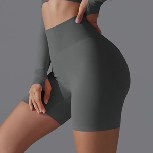 Close-up of high-waist seamless yoga shorts in dark grey with butt-lifting texture