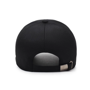 Rear view of a classic black cotton baseball cap featuring an adjustable metal buckle