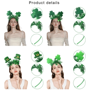 Detail view of St. Patrick's Day headbands with shamrocks, sequins, and mini top hats