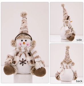 Detail showing multi-angle views of a plush Christmas snowman doll with knit hat and scarf
