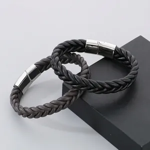 Braided Cowhide Leather Bracelet With Stainless Steel Magnetic Clasp Street Punk Minimalist Jewelry Accessory For Men
