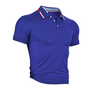 Detailed view of royal blue polo shirt collar with red and white striped ribbon trim